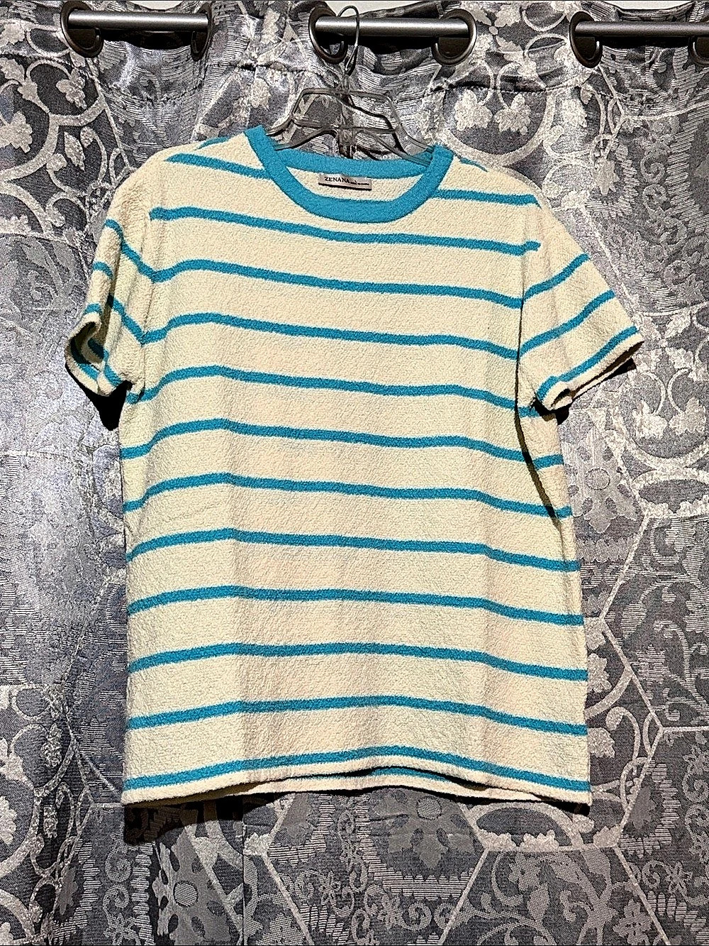 NWOT ZENANA Striped Short Sleeve Top Cream & Blue Large
